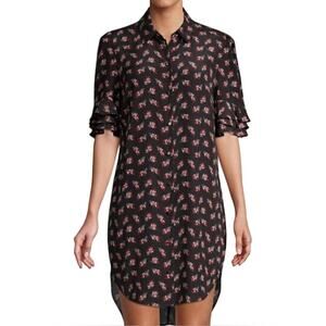 FRAME Printed Ruffled High Low Silk Shirtdress Black Red Floral Small